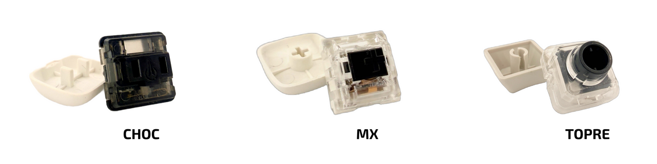 Choc, MX and Topre switches side by side, each next to its keycap