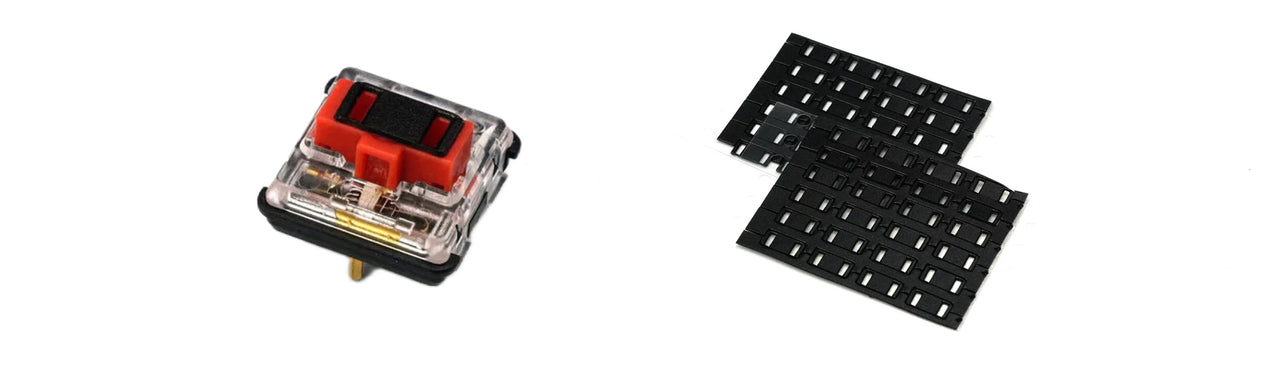A Choc switch shown for scale beside sheets of Choc spacer stickers, which come in sheets of 48